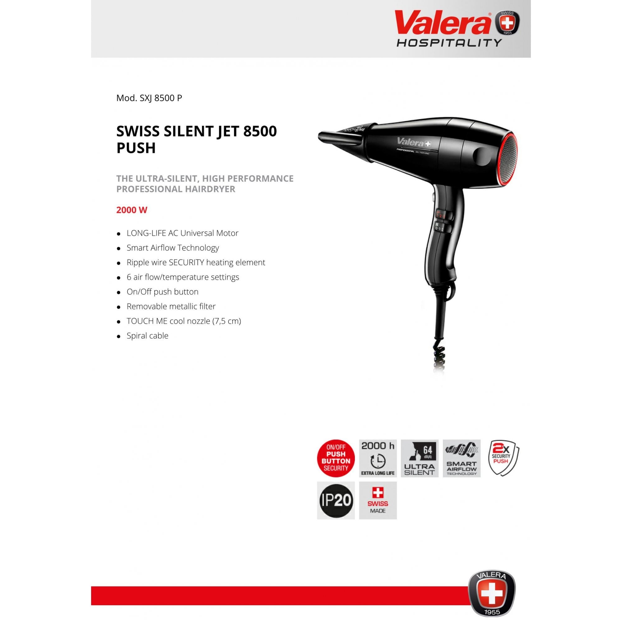 Valera Swiss Silent Jet 8500 Push Button Hair Dryer. 2000w