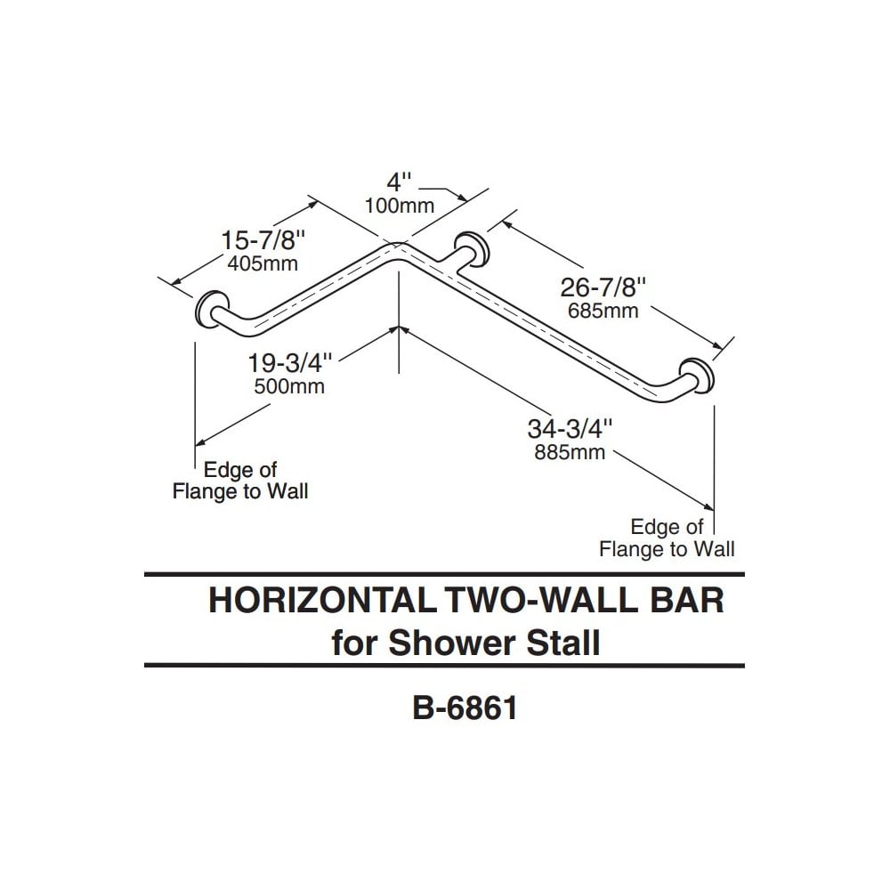 B-6861 Maniglia per doccia a due pareti in acciaio inossidabile a forma di L, diametro 38 mm (500 x 885 mm)
