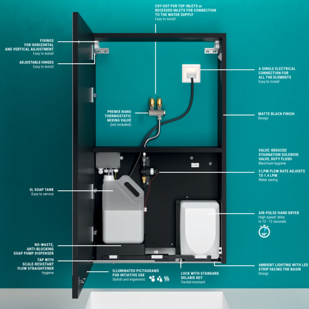 4-in-1 Cabinet with Mirror, Auto Soap, Tap and Hand Dryer 510204 (800mm Wide)