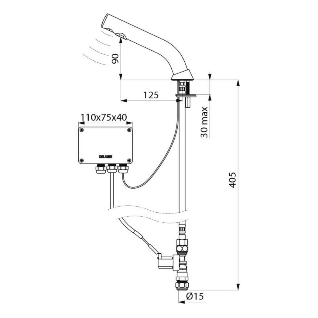 378015 DELABIE Rubinetto con sensore BINOPTIC montato su piano alimentato dalla rete elettrica